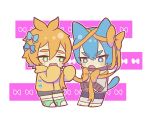  2boys :o animal_ears bangs barefoot blue_bow blue_eyes blue_hair blush bow cat_ears cat_tail chibi darwin_watterson entangled fang full_body green_eyes green_footwear gumball_watterson hair_between_eyes hair_bow long_sleeves looking_away looking_down male_focus multiple_boys nemu_maru orange_bow orange_hair orange_hoodie orange_ribbon personification ribbon shoes sleeves_past_fingers sleeves_past_wrists sweater tail the_amazing_world_of_gumball white_background 