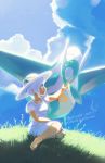  1girl 2017 artist_name blue_sky closed_eyes cloud cloudy_sky commentary creature day dress earrings english_commentary flying galahawk gen_3_pokemon grass highres jewelry latios legendary_pokemon original outdoors pendant pokemon pokemon_(creature) short_dress short_hair signature sitting sitting_on_ground sky watermark web_address white_dress white_hair white_headwear 