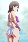  1girl ass brown_eyes commentary_request competition_swimsuit cowboy_shot from_behind highleg highleg_swimsuit looking_at_viewer looking_back medium_hair monteriakitto one-piece_swimsuit original purple_eyes solo standing swimsuit white_swimsuit 