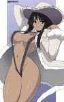  1girl arm_up bigdead black_hair blue_eyes breasts breasts_apart closed_mouth coat commission covered_nipples cowboy_hat dark_skin eyebrows_visible_through_hair fur-trimmed_sleeves fur_trim groin hand_up hat highres large_breasts legs_together long_hair long_sleeves muted_color nico_robin one_piece open_clothes open_coat patreon_logo patreon_username slingshot_swimsuit smile solo strap_gap swimsuit swimsuit_under_clothes watermark 