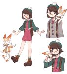  1girl :d ^_^ brown_eyes brown_footwear brown_hair bunny bunny_on_shoulder cardigan charamells closed_eyes commentary creature english_commentary flat_chest frown gen_8_pokemon green_headwear on_shoulder open_mouth pokemon pokemon_(creature) pokemon_(game) pokemon_on_shoulder pokemon_swsh scorbunny shoelaces shoes short_hair smile starter_pokemon yuuri_(pokemon) 