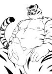  2020 absurd_res anthro balls belly erection felid genitals hi_res humanoid_genitalia humanoid_hands humanoid_penis kemono kumamikan male mammal moobs navel nipples overweight overweight_male pantherine penis simple_background solo tiger white_background 