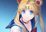  1girl bishoujo_senshi_sailor_moon blonde_hair blue_eyes blue_sailor_collar choker collarbone crescent crescent_earrings diadem double_bun earrings giuniu heart heart_choker jewelry lips long_hair red_choker sailor_collar sailor_moon sailor_moon_redraw_challenge solo tsukino_usagi twintails upper_body 