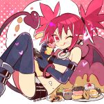  1girl bare_shoulders bat_wings belt belt_boots boots bra choker collar collarbone demon_tail disgaea earrings eating elbow_gloves etna eyebrows_visible_through_hair flat_chest food gloves grey_footwear jewelry knee_boots licking_lips looking_at_viewer makai_senki_disgaea miniskirt o-ring o-ring_choker one_eye_closed open_mouth pointy_ears red_eyes red_hair red_wings sat0_u0 skirt skull_earrings tail thigh_boots thighhighs tongue tongue_out twintails twitter_username underwear wings 