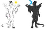  animal_genitalia anthro balls black_body black_feathers blue_eyes chest_tuft crotch_tuft digital_media_(artwork) digitigrade draconic drakanguis fangs feathers flaccid genitals hi_res horn knot male muscular nude pawpads penis pit_organ smile solo standing talons tapering_penis teeth tuft vile_(artist) vile_(vile) white_body white_feathers yellow_eyes 