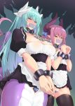  2girls alternate_costume apron aqua_hair asymmetrical_horns bdsm black_dress bound bound_ankles bound_arms breasts cameltoe curled_horns dragon_girl dragon_horns dragon_tail dress elizabeth_bathory_(fate) elizabeth_bathory_(fate)_(all) enmaided eyebrows_visible_through_hair fate/extra fate/extra_ccc fate/grand_order fate_(series) frilled_apron frills gag heart_pasties horns improvised_gag kirisaki_byakko kiyohime_(fate/grand_order) lamia large_breasts maebari maid maid_apron maid_dress monster_girl multiple_girls multiple_horns pasties pink_hair puffy_short_sleeves puffy_sleeves scales short_sleeves tail tape tape_gag thighhighs waist_apron white_apron yellow_eyes 