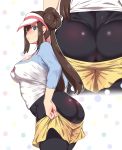  1girl absurdres ass black_legwear blue_eyes bow breasts brown_hair cameltoe double_bun from_behind highres legwear_under_shorts long_hair looking_back medium_breasts mei_(pokemon) pantyhose pink_bow pokemon pokemon_(game) pokemon_bw2 shiny shiny_clothes shiny_hair shiny_skin short_shorts shorts standing twintails very_long_hair visor_cap yellow_shorts yugion 