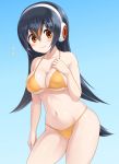 1girl arm_at_side bikini bird_tail black_hair breasts brown_eyes cleavage closed_mouth covered_nipples eyebrows_visible_through_hair flying_sweatdrops gentoo_penguin_(kemono_friends) groin hair_between_eyes halterneck hand_on_own_chest hand_up headphones highres kemono_friends long_hair medium_breasts micro_bikini multicolored_hair navel orange_bikini orange_swimsuit penguin_tail red_hair shiny shiny_skin skindentation smile solo stomach swimsuit tail underboob watayoshi_(suiiho) 