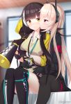  2girls absurdres armband arms_around_waist bangs black_gloves black_hair black_jacket black_legwear black_skirt blonde_hair blunt_bangs blush cheek_kiss closed_mouth collarbone eyebrows_visible_through_hair girls_frontline gloves headgear heterochromia highres holding id_card indoors jacket kiss lanyard long_sleeves looking_at_another m4_sopmod_ii_(girls_frontline) megaphone multicolored_hair multiple_girls orange_eyes panties pantyhose red_eyes ro635_(girls_frontline) rynzfrancis sitting skirt streaked_hair sweater thigh_strap thighhighs thighs twintails underwear white_hair white_panties yellow_eyes yellow_jacket yellow_sweater yuri 