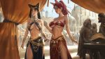  2girls absurdres animal_ears book breasts cat_ears cat_girl clothing_request commentary copyright_request crowd earrings elf english_commentary floating hair_ornament highres jewelry market multiple_girls outdoors pointy_ears sword table tagme tassel underboob veil weapon yuhong_ding 