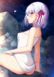  1girl ass back bangs bare_shoulders blush breasts earrings fate/grand_order fate_(series) hair_ribbon horosuke_(toot08) jewelry kama_(fate/grand_order) looking_at_viewer looking_back onsen petals red_eyes ribbon rock short_hair silver_hair sitting small_breasts thighs wet 