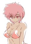  1girl breasts dark_skin dirty_pair eyebrows_visible_through_hair kei_(dirty_pair) okuri_ookami oldschool red_eyes red_hair short_hair swimsuit tan white_background 