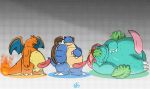  2020 anthro belly big_belly blastoise blue_body blueblu charizard chonk dragon fire genitals green_body group hand_on_stomach hi_res leaf male male/male nintendo obese overweight penis penis_size_difference pok&eacute;mon pok&eacute;mon_(species) red_body relaxing reptile scalie simple_background simple_shading size_difference sleeping slightly_chubby smile tired turtle venusaur video_games 