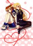  2girls blonde_hair blush brown_hair couple embarrassed fate_testarossa happy heart high_heels holding_hands legs long_hair looking_at_another lyrical_nanoha mahou_shoujo_lyrical_nanoha mahou_shoujo_lyrical_nanoha_strikers military military_uniform multiple_girls nanashiki open_mouth pantyhose purple_eyes red_eyes red_string side_ponytail simple_background sitting skirt smile string surprised takamachi_nanoha thighhighs thighs translation_request uniform very_long_hair yuri 