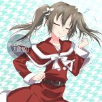  1girl artist_name belt bow character_name closed_eyes commentary_request eighth_note green_hair hair_bow inaba_shiki kantai_collection musical_note patterned_background santa_costume smile solo upper_body zui_zui_dance zuikaku_(kantai_collection) 
