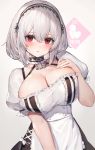  1girl anchor_choker apron azur_lane bangs black_hairband black_skirt blush breasts cleavage collarbone dress frills gradient gradient_background grey_background hair_between_eyes hairband hand_on_own_chest heart highres large_breasts looking_at_viewer oyu_(sijimisizimi) puffy_short_sleeves puffy_sleeves red_eyes short_hair short_sleeves sirius_(azur_lane) skirt white_dress white_hair 