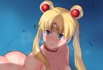  1girl ass aster_crowley bangs bishoujo_senshi_sailor_moon blonde_hair blue_eyes blush breasts choker cleavage crescent crescent_earrings double_bun earrings hair_ornament heart heart_choker jewelry long_hair medium_breasts parted_lips penis_shadow red_choker sailor_moon sailor_moon_redraw_challenge solo trembling tsukino_usagi 