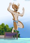  2020 5_fingers absurd_res anthro antlers bulge cervid clothing day fingers hi_res hooves horn male mammal multicolored_clothing multicolored_swimwear outside shiuk sky solo swimwear tongue 