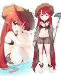  1girl ;o absurdres ankle_cuffs arknights bikini bikini_skirt black_bikini blush breasts character_name detached_sleeves fang fish full_body hat highres horns leg_hug long_hair looking_at_viewer multiple_views navel necktie one_eye_closed polearm red_eyes red_hair red_neckwear see-through side-tie_bikini simple_background sitting small_breasts solo standing starfish_hair_ornament straw_hat swimsuit trident useq1067 vigna_(arknights) weapon white_background 