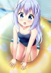  1girl all_fours blue_eyes blue_hair blue_swimsuit commentary_request competition_school_swimsuit dated dutch_angle gochuumon_wa_usagi_desu_ka? hair_ornament highres inakami indoors innertube kafuu_chino leaning_forward long_hair open_mouth pool school_swimsuit signature smile solo swimsuit x_hair_ornament 