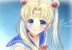 1girl artist_name bishoujo_senshi_sailor_moon blonde_hair blue_eyes blush bow choker collarbone commentary_request crescent crescent_earrings crescent_moon derivative_work earrings eyebrows_visible_through_hair hair_between_eyes hair_ornament highres jewelry kayura_yuka long_hair looking_at_viewer moon open_mouth red_bow red_choker sailor_collar sailor_moon sailor_moon_redraw_challenge short_sleeves signature solo tiara twintails 