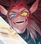  2girls ahndory animal_ears brown_hair cat_ears cat_girl catra crying freckles grin headgear heterochromia highres korean_commentary multiple_girls red_headwear reflection sharp_teeth she-ra she-ra_and_the_princesses_of_power slit_pupils smile solo_focus sword teeth uneven_eyes weapon 