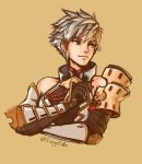  1boy adel_orudou armor bare_shoulders english_commentary gloves highres issycake looking_afar male_focus pauldrons short_hair silver_hair simple_background solo tan_background twitter_username upper_body xenoblade_(series) xenoblade_2 xenoblade_2:_ougon_no_kuni_iira yellow_eyes 