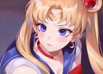  1girl bangs bishoujo_senshi_sailor_moon blonde_hair blue_eyes blue_sailor_collar blush choker crescent crescent_earrings diadem earrings ei1han hair_bun heart heart_choker highres jewelry long_hair parted_bangs parted_lips red_choker sailor_collar sailor_moon sailor_senshi sailor_senshi_uniform sweatdrop tile_floor tiles tsukino_usagi twintails 