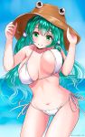  1girl bare_arms bare_shoulders bikini bouncing_breasts breasts collarbone covered_nipples dated day eyebrows_visible_through_hair green_eyes green_hair grin hair_ornament hair_tubes halterneck hands_on_headwear hands_up hat head_tilt highres kochiya_sanae long_hair looking_at_viewer navel ocean outdoors shiny shiny_hair side-tie_bikini side-tie_bottom skindentation smile snake snake_hair_ornament solo stomach swimsuit touhou unaligned_breasts water white_bikini white_swimsuit yamaguchi_yuu 