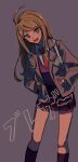  1girl :d akamatsu_kaede bangs blazer blonde_hair blush collared_shirt danganronpa_(series) danganronpa_v3:_killing_harmony hair_ornament hands_in_pockets highres jacket kneehighs long_hair long_sleeves miniskirt musical_note_hair_ornament necktie nzeneee open_clothes open_jacket orange_necktie parted_bangs pleated_skirt print_skirt purple_background purple_eyes purple_legwear purple_skirt purple_sweater shiny shiny_hair shirt sketch skirt smile solo sweater white_shirt wing_collar 