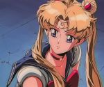  1990s_(style) 1girl bishoujo_senshi_sailor_moon blonde_hair blue_eyes breasts choker cleavage collarbone crescent crescent_earrings david_liu derivative_work diadem double_bun earrings eyebrows_visible_through_hair hair_ornament heart heart_choker highres jewelry long_hair red_choker sailor_moon sailor_moon_redraw_challenge sailor_senshi sailor_senshi_uniform screencap_redraw solo tsukino_usagi twintails upper_body 