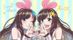  2girls a.i._channel ai-pii_(kizuna_ai) bangs bare_shoulders blue_background blue_eyes blurry bow brown_hair character_name commentary_request depth_of_field eyebrows_visible_through_hair hair_bow hair_ornament hairband hairclip heart heart_hands heart_hands_duo heart_in_eye lace lace-trimmed_sleeves long_hair looking_at_viewer love-chan_(kizuna_ai) love-pii_channel multicolored multicolored_background multicolored_hair multiple_girls one_eye_closed open_mouth pink_bow pink_hair pink_hairband reona_joji sailor_collar shirt signature sleeveless sleeveless_shirt smile streaked_hair striped striped_background swept_bangs symbol_in_eye two-tone_hair virtual_youtuber yellow_background 