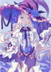  :o abigail_williams_(fate/grand_order) absurdres arm_up bangs blonde_hair blue_background blue_eyes blue_flower blue_rose boots bow breasts collar eyebrows_visible_through_hair eyes_visible_through_hair facing_viewer fate/grand_order fate_(series) flower frilled_sleeves frills gat hat hat_flower highres laces long_hair long_sleeves looking_at_viewer parted_bangs parted_lips purple_bow purple_legwear purple_ribbon ribbon rose see-through simple_background striped striped_legwear tewo_(tewowet) thigh_boots thighhighs white_footwear wide_sleeves witch_hat 