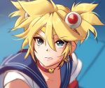  1boy blonde_hair blue_collar blue_eyes blurry blurry_background clenched_teeth collar collarbone commentary cosplay crescent crescent_earrings crossdressing diadem earrings ei_flow english_commentary hair_ornament heart_collar jewelry kagamine_len magical_girl male_focus parody sailor_collar sailor_moon sailor_moon_(cosplay) sailor_moon_redraw_challenge school_uniform serafuku shirt short_ponytail short_sleeves solo spiked_hair teeth upper_body v-shaped_eyebrows vocaloid white_shirt 