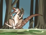  2020 4:3 blue_eyes digital_media_(artwork) dinosaur dromaeosaurid female feral hi_res kaliber lily_pad marshy plant pounce reptile scalie solo swamp teeth theropod tree utahraptor velociraptor 