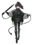  1girl belt black_hair black_jacket blood bloody_weapon eyebrows_visible_through_hair fingernails green_eyes holding holding_weapon jacket jewelry long_hair mgg_(x_arte) original patch ponytail ring shorts simple_background snake solo standing weapon whip white_background 