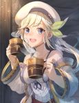  1girl :d bangs bare_shoulders belt beret blonde_hair blue_eyes bow breasts collarbone commentary_request cucouroux_(granblue_fantasy) cup detached_sleeves dress gold_trim granblue_fantasy hair_bow hair_ribbon hat holding holding_cup indoors long_hair looking_at_viewer medium_breasts open_mouth panda_inu patch red_belt ribbon skirt smile solo twintails white_dress white_headwear white_skirt wide_sleeves 