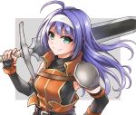  1girl ahoge blue_hair closed_mouth fingerless_gloves fire_emblem fire_emblem:_path_of_radiance gloves green_eyes hairband holding holding_sword holding_weapon long_hair mia_(fire_emblem) smile solo sword tenchan_man upper_body weapon white_hairband 