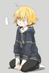  ... 1boy bandage_over_one_eye between_legs black_pants blonde_hair blue_jacket empty_eyes grey_background hand_between_legs hood hooded_jacket jacket looking_at_viewer male_focus minahoshi_taichi oliver_(vocaloid) pants seiza shaded_face simple_background sitting solo speech_bubble spoken_ellipsis squiggle vocaloid yellow_eyes 