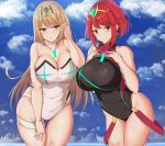  2girls bangs blonde_hair breasts chest_jewel choker cleavage_cutout cloud cloudy_sky eyebrows_visible_through_hair gem hand_on_own_chest headpiece highleg highleg_swimsuit highres hikari_(xenoblade_2) homura_(xenoblade_2) large_breasts looking_at_viewer medium_hair multiple_girls noeomi one-piece_swimsuit red_eyes red_hair shoulder_armor sky swept_bangs swimsuit thigh_strap tiara white_choker xenoblade_(series) xenoblade_2 yellow_eyes 