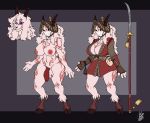  anthro balls bovid caprine clothed clothing genitals goat gynomorph hair hat headgear headwear hi_res hooves horn intersex long_hair lunarspy mammal mask mika_the_wanderer model_sheet nude penis purple_eyes red_penis sheep solo tattoo tattoo_on_chest weapon 