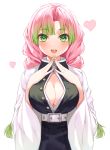  1girl absurdres bangs belt black_jacket blunt_bangs blush braid breasts cleavage eyebrows_visible_through_hair eyelashes gradient gradient_background green_eyes green_hair hands_up haori heart highres jacket japanese_clothes kanroji_mitsuri kimetsu_no_yaiba large_breasts long_hair long_sleeves looking_at_viewer minori_(faddy) mole mole_under_eye no_bra open_clothes open_jacket open_mouth open_shirt parted_bangs pink_hair shirt simple_background smile solo tongue twin_braids upper_teeth white_background white_belt white_shirt wide_sleeves 