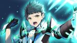  1boy armor blue_background brown_hair clenched_hand gloves glowing holding holding_sword holding_weapon open_mouth rex_(xenoblade_2) short_hair spoilers sword upper_body weapon xenoblade_(series) xenoblade_2 yappen yellow_eyes 