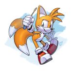  2020 anthro blue_eyes canid canine clothing evan_stanley footwear fox fur gloves handwear hi_res male mammal miles_prower signature simple_background smile solo sonic_the_hedgehog_(series) tools video_games 