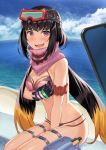  1girl arm_garter arm_under_breasts bangs bare_shoulders beppu_mitsunaka bikini black_gloves black_hair blue_sky blush breasts cellphone cleavage fate/grand_order fate_(series) gloves goggles goggles_on_head gradient_hair highres large_breasts long_hair looking_at_viewer low_twintails multicolored_hair navel ocean open_mouth osakabe-hime_(fate/grand_order) osakabe-hime_(swimsuit_archer)_(fate) phone pink_bikini pink_scarf scarf sitting ski_goggles sky smile swimsuit twintails very_long_hair 