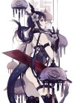  1girl arknights arm_strap ass bare_shoulders black_gloves black_legwear breasts brown_eyes ch&#039;en_(arknights) cowboy_shot elbow_gloves floral_print flower garter_straps gloves hair_flower hair_ornament horns lingerie long_hair looking_at_viewer looking_to_the_side low_twintails medium_breasts print_leotard profile purple_hair rose_print saika_(saika_nyan) sidelocks sideways_glance simple_background solo sword tail thigh_strap thighs twintails underwear v weapon white_background white_flower wind_chime 