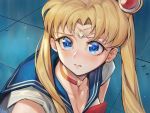  1girl bishoujo_senshi_sailor_moon blonde_hair blue_eyes blue_sailor_collar blush breasts choker cleavage collarbone commentary_request crescent crescent_earrings derivative_work diadem earrings eyebrows_visible_through_hair hair_bun heart heart_choker jewelry long_hair red_choker sailor_collar sailor_moon sailor_moon_redraw_challenge sailor_senshi sailor_senshi_uniform screencap_redraw solo tsukino_usagi twintails upper_body yahiro_(heartseek000) 