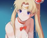  1girl alternate_costume bishoujo_senshi_sailor_moon blonde_hair blue_background bow bowtie breasts choker cleavage collarbone crescent crescent_earrings derivative_work diadem earrings eyebrows_visible_through_hair gradient gradient_background hair_bun heart heart_choker jewelry long_hair medium_breasts red_choker red_neckwear sailor_moon sailor_moon_redraw_challenge salmon88 screencap_redraw solo sparkle tsukino_usagi twintails upper_body 