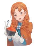  1girl :d absurdres annette_fantine_dominic bangs blue_eyes blush bowl cape eyebrows_visible_through_hair fire_emblem fire_emblem:_three_houses food fur-trimmed_gloves fur_trim gloves highres holding holding_bowl holding_spoon index_finger_raised long_hair looking_at_viewer niko_(aiai03012) open_mouth orange_cape orange_hair parted_bangs simple_background smile solo sparkle spoon upper_body white_background white_gloves 