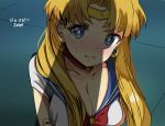 1girl bangs bishoujo_senshi_sailor_moon blonde_hair blue_eyes blue_sailor_collar blush bow breasts choker circlet cleavage crescent crescent_earrings crying derivative_work diadem earrings heart heart_choker highres jewelry john_mangalile large_breasts long_hair nose_blush parted_bangs parted_lips penis_shadow red_bow red_choker sailor_collar sailor_moon sailor_moon_redraw_challenge sailor_senshi sailor_senshi_uniform screencap_redraw shadow solo tears tsukino_usagi twintails upper_body 